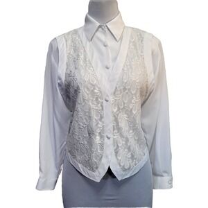 Vintage 80s Yves St. Clair Womens M White‎ Lace Vest Button Up Blouse Career Cas